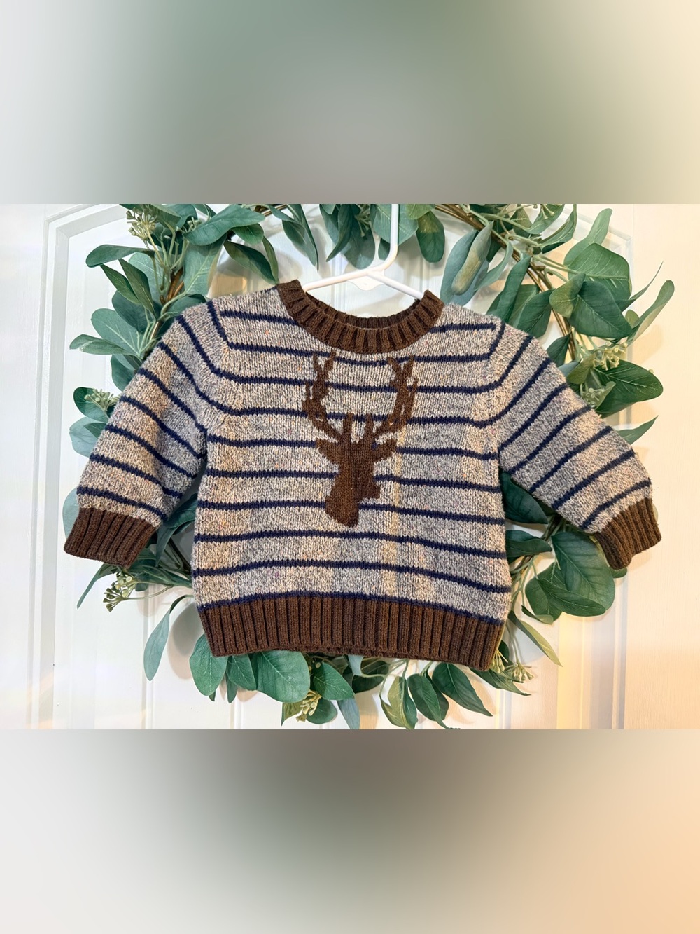 🌿10/$25 • Joe Fresh Striped Brown & Beige Sweater with Deer Motif